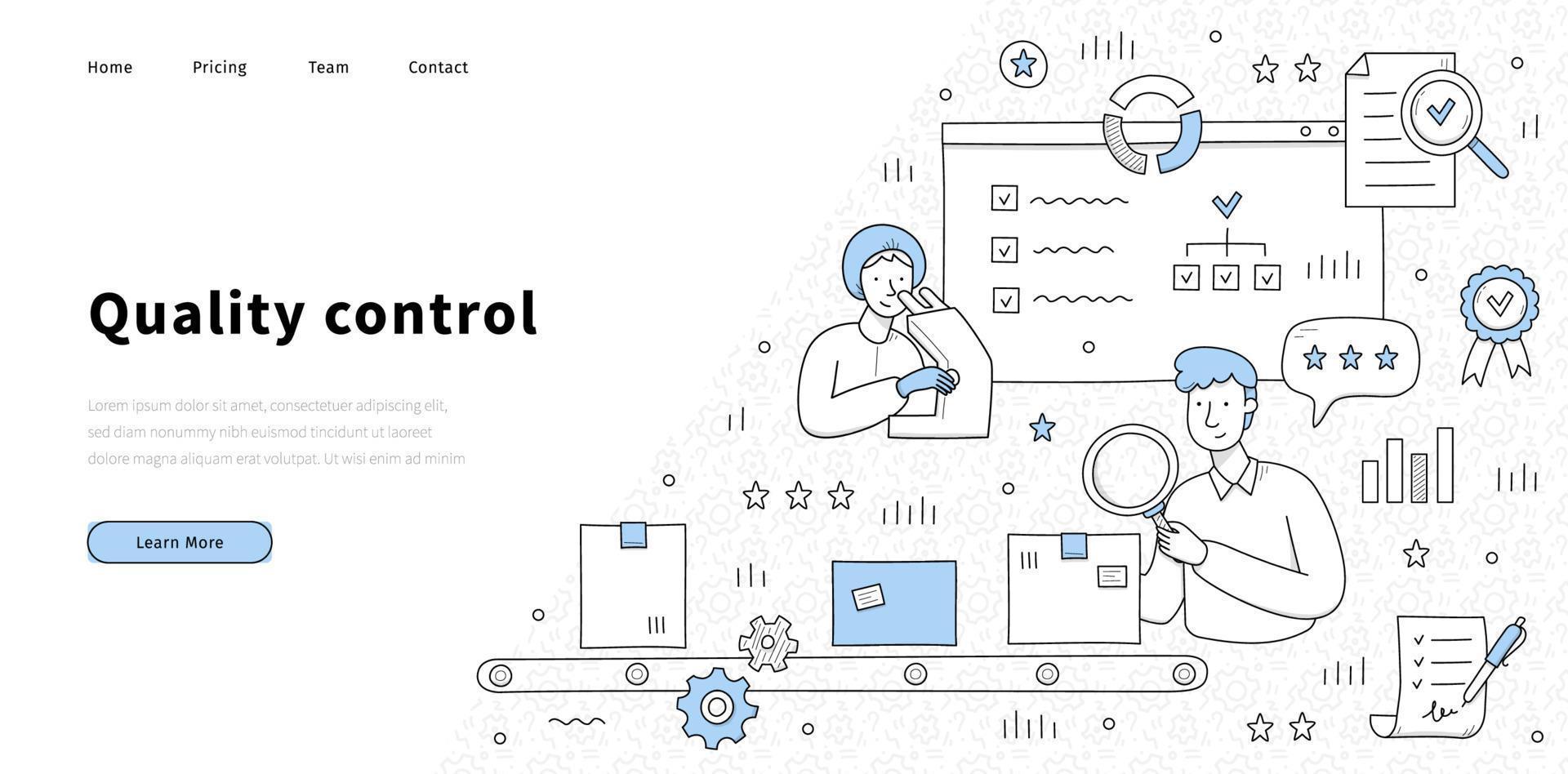 Quality control doodle landing page, inspection vector