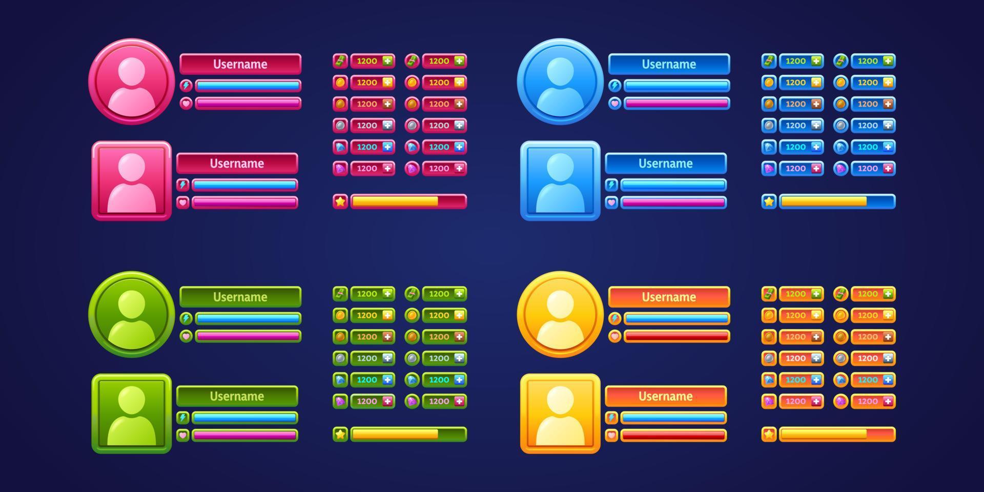 paneles de menú de usuario del juego, conjunto de perfiles de jugador rpg vector