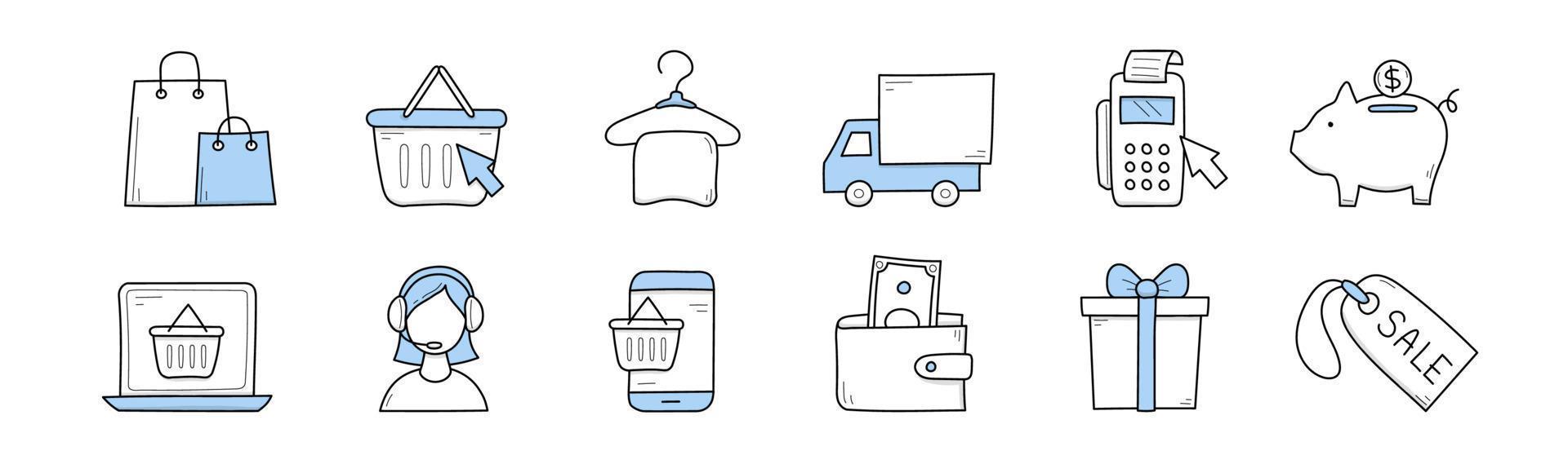 E-commerce, online store sale doodle icons vector