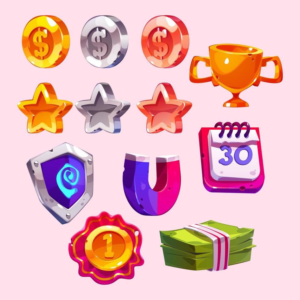 iconos de juego monedas de dibujos animados, estrellas, copa y dinero vector