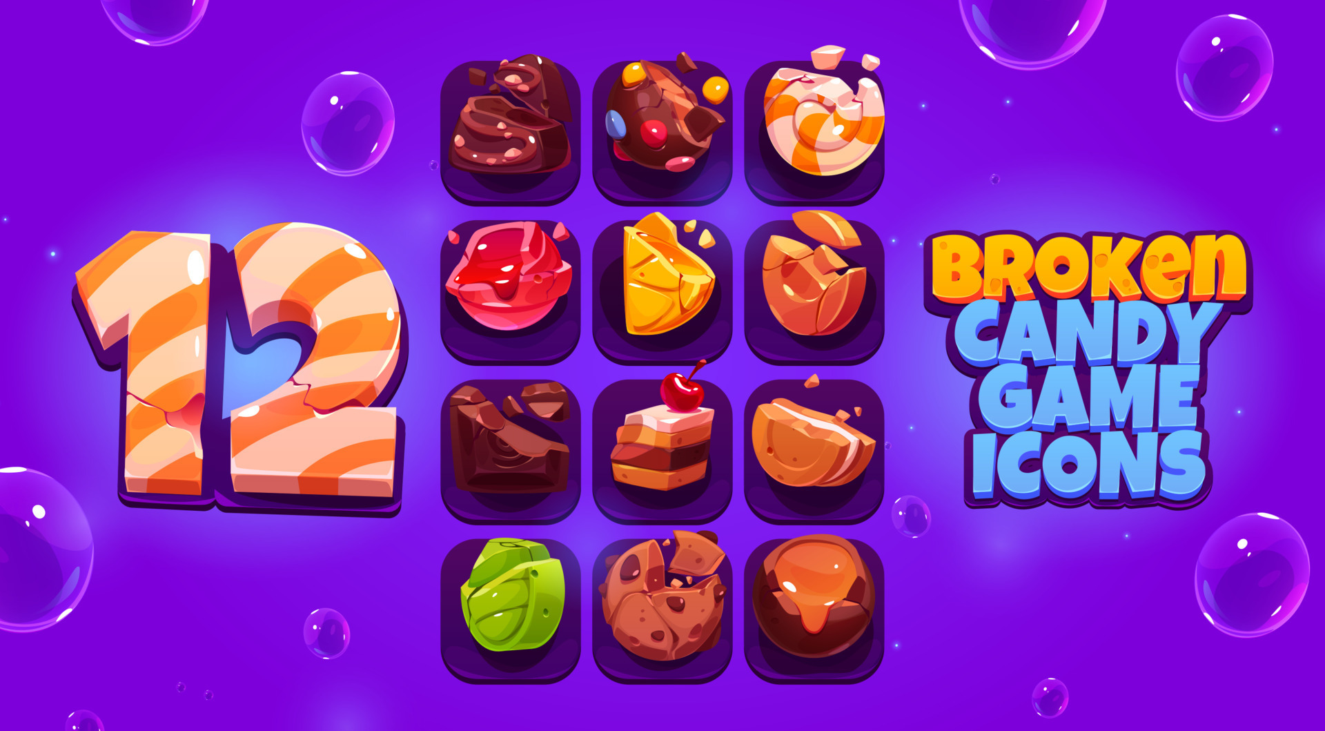 Broken candy game icons, cartoon crushed sweets 13758433 Vector Art at