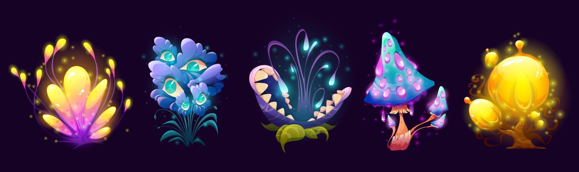 setas de fantasía, flores y árboles, flora alienígena vector