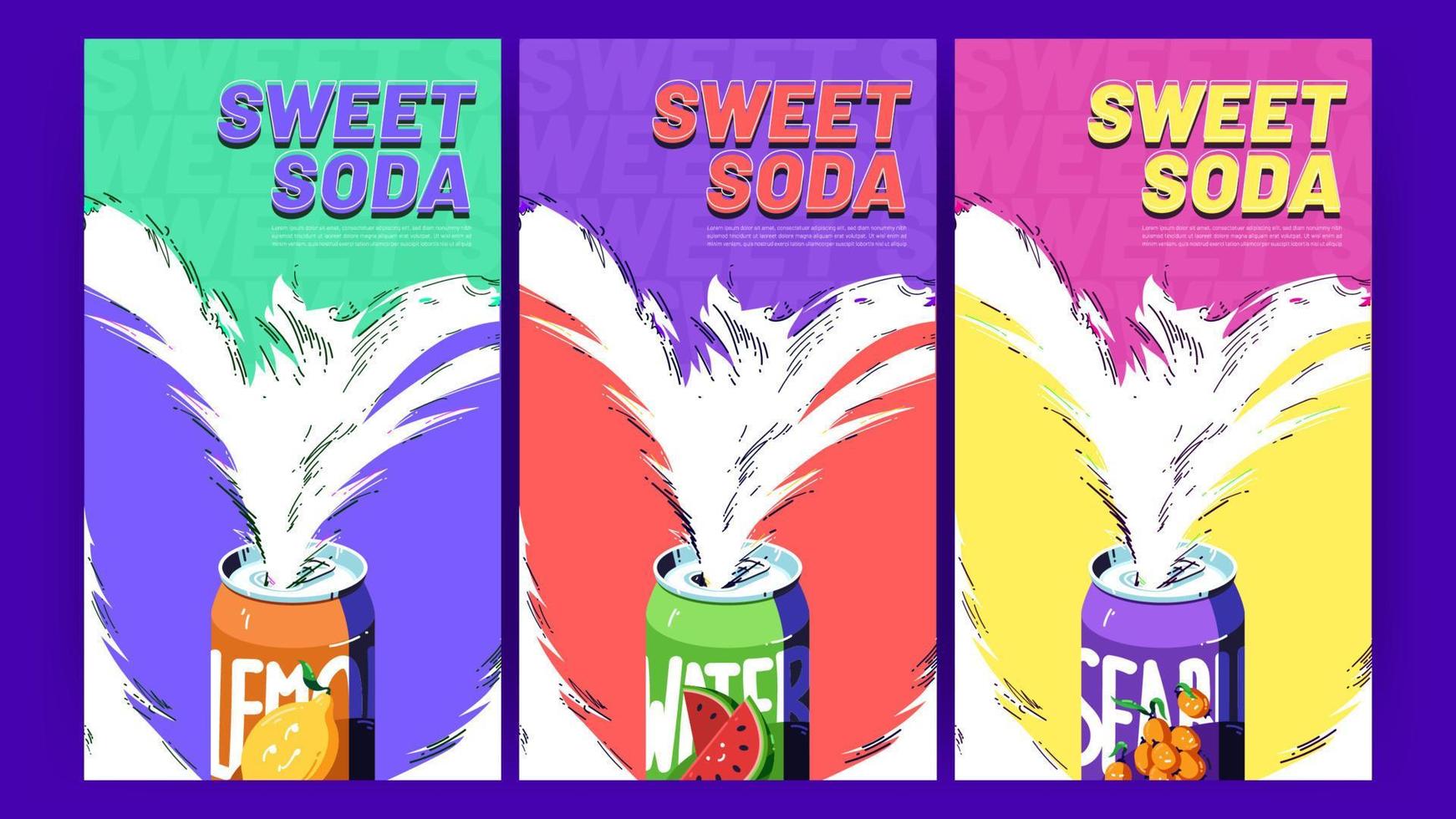 Soda ads posters with sweet drink splashing of can vector