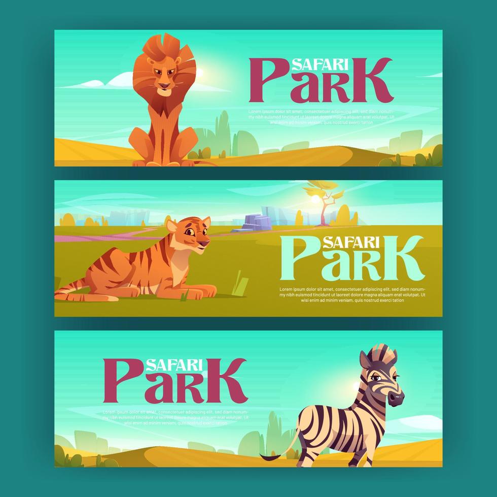 carteles del parque safari con cebra, tigre y león vector