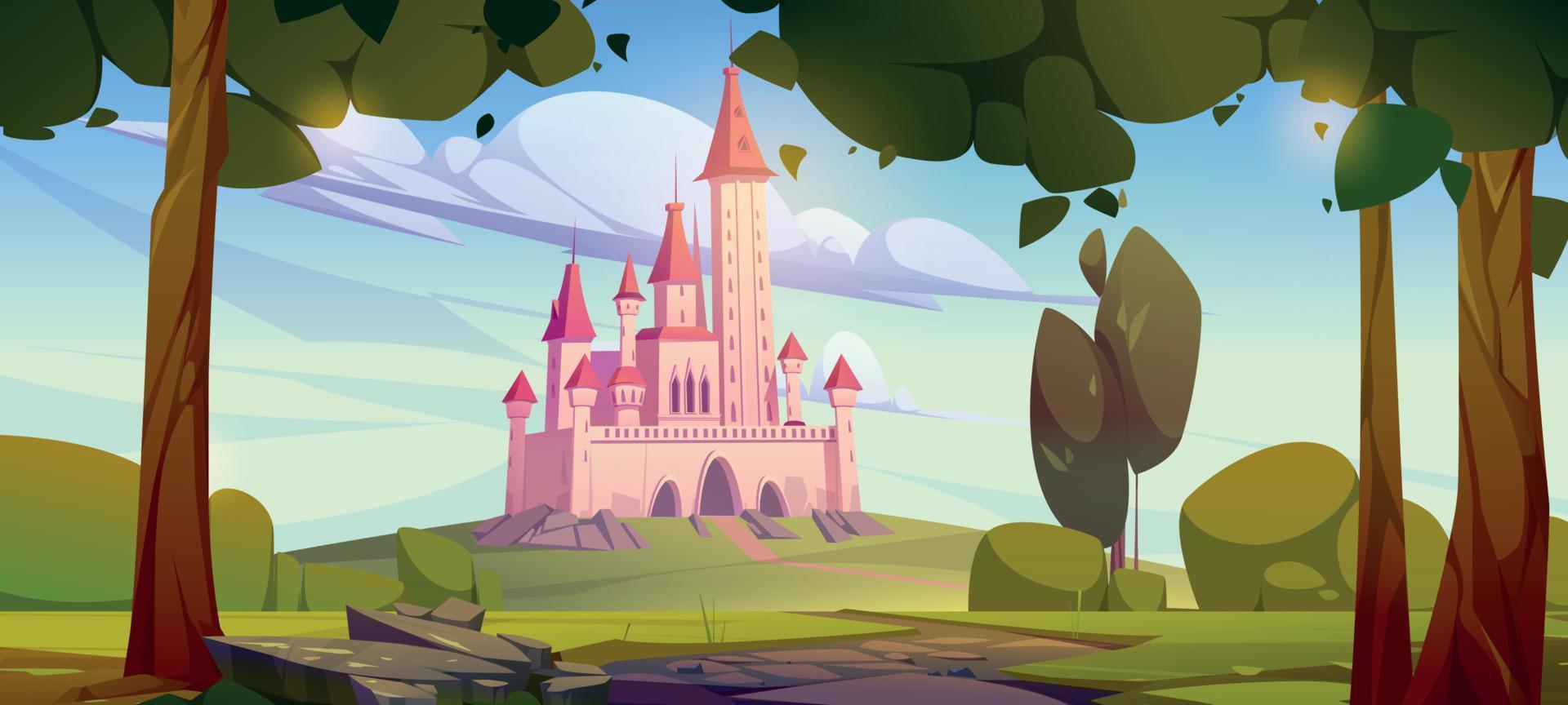 Pink magic castle on green hill, fairy tale palace vector