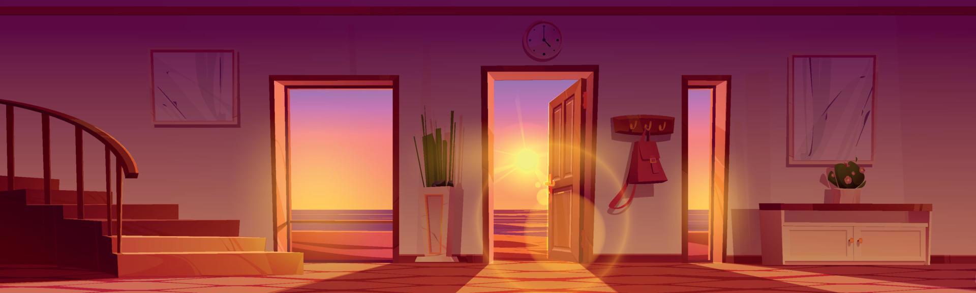 pasillo de la casa con vista a la playa del mar al atardecer vector