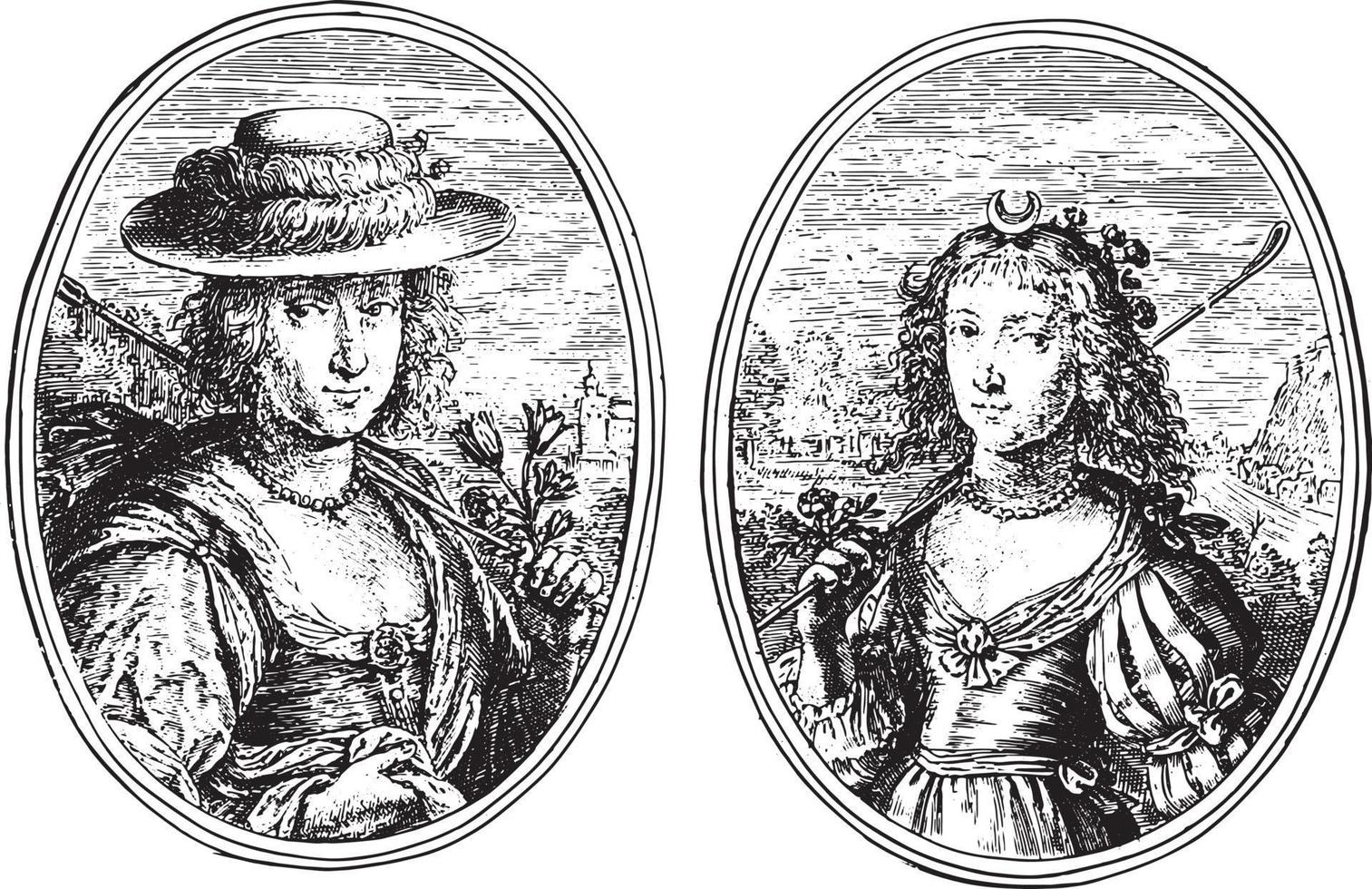 Portraits of two unknown women, vintage illustration. vector