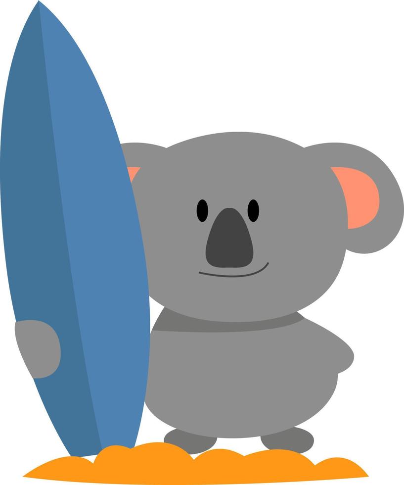 Koala con tabla de surf, ilustración, vector sobre fondo blanco.