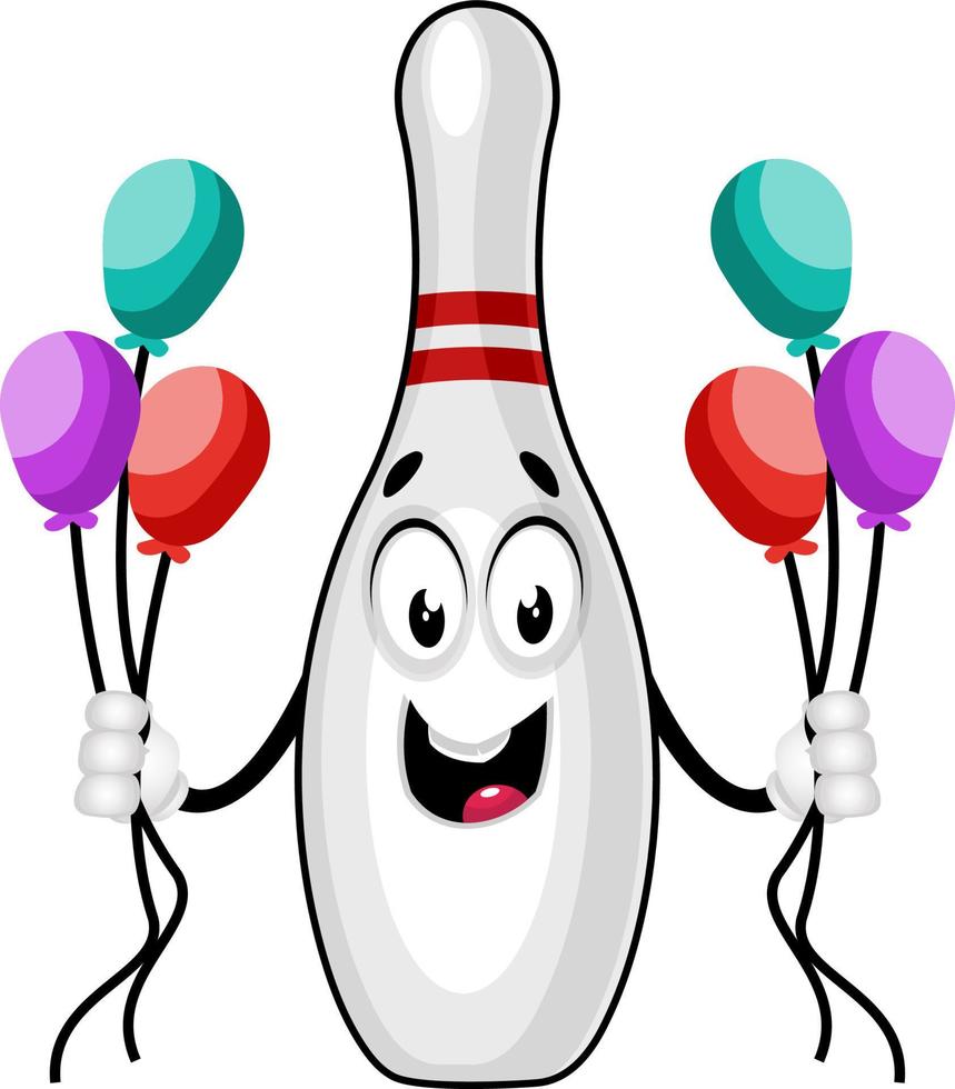 Bowling pin with balloons, illustration, vector on white background.