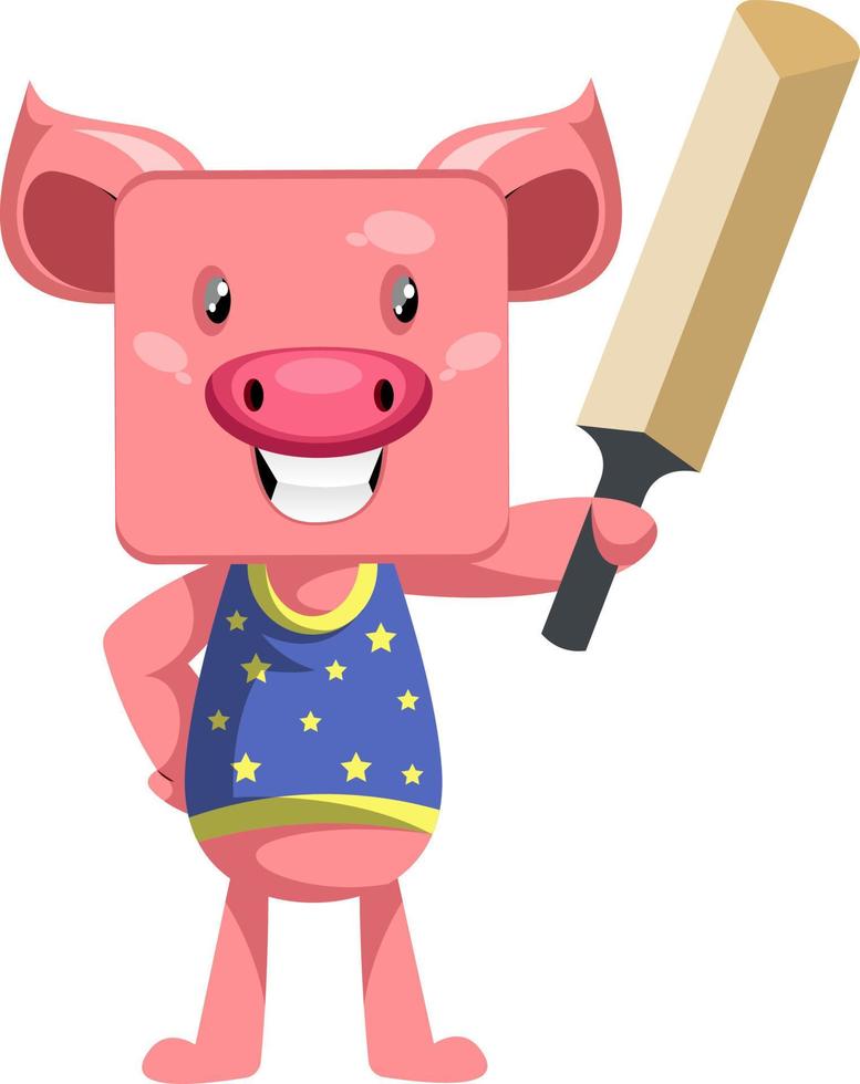 Pig with cricket bat, illustration, vector on white background.