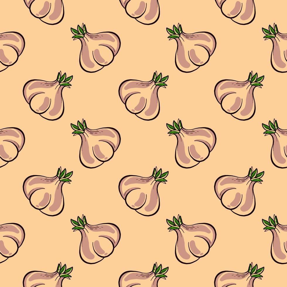 White garlic , seamless pattern on a light brown background. vector