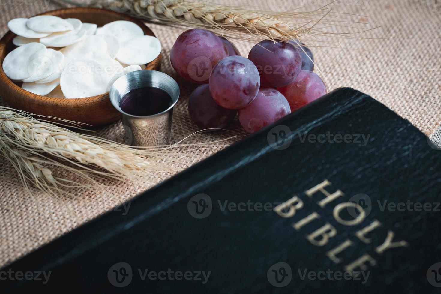 Concept of Eucharist or holy communion of Christianity. Eucharist is sacrament instituted by Jesus. during last supper with disciples. Bread and wine is body and blood of Jesus Christ of Christians. photo