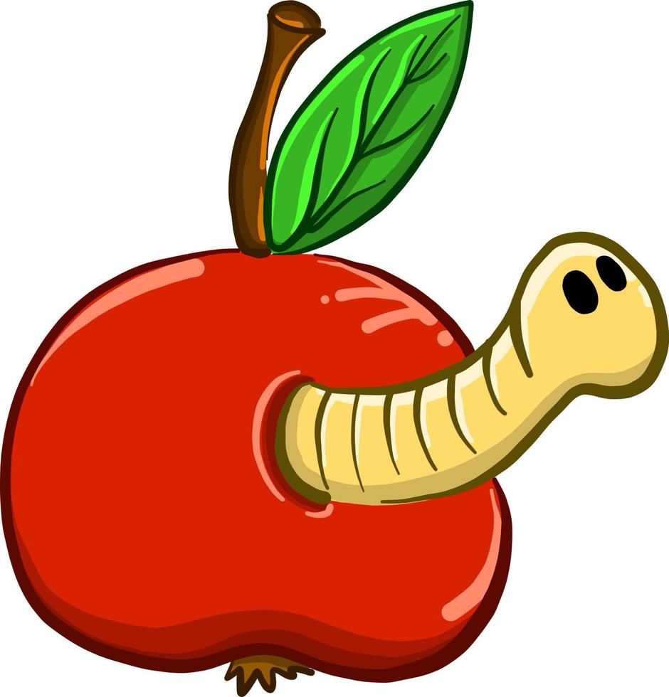 Worm in apple , illustration, vector on white background