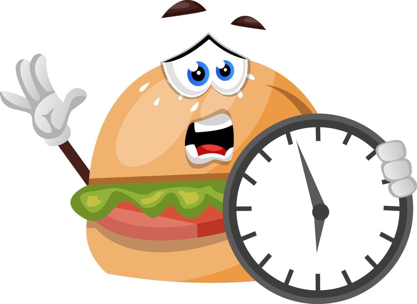 Burger con reloj grande, ilustración, vector sobre fondo blanco.