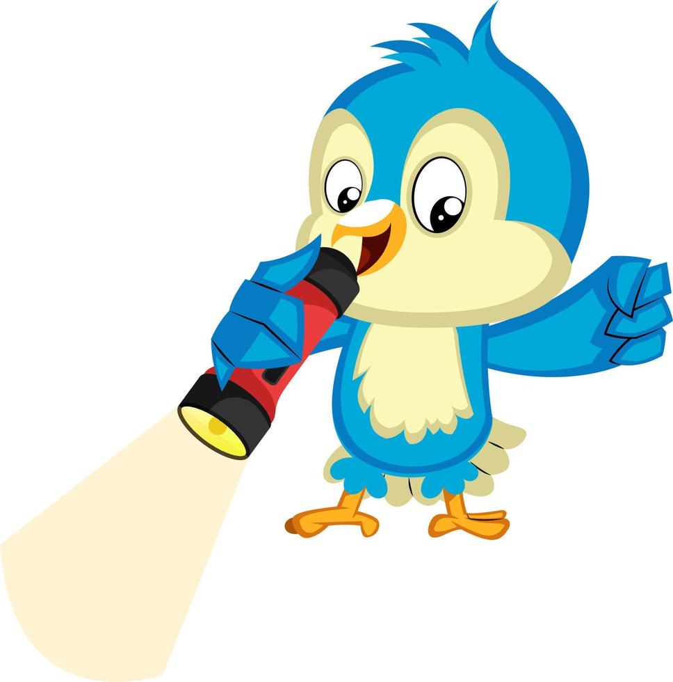 Blue bird holds a flashlight, illustration, vector on white background.