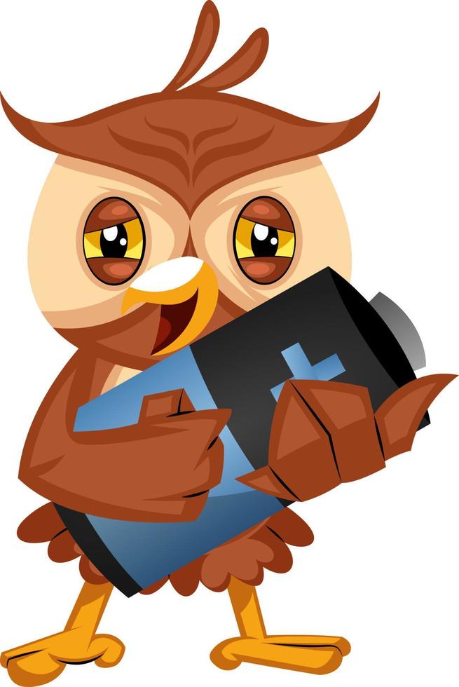 Owl holding battery, illustration, vector on white background.