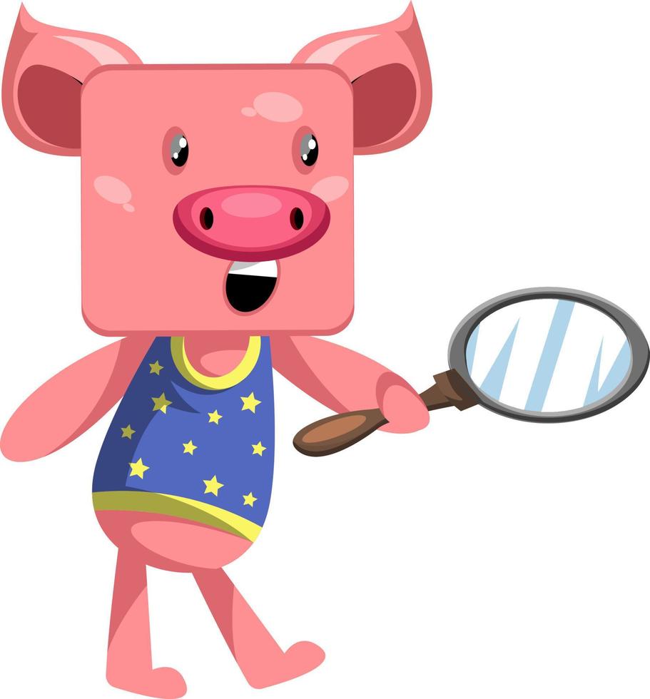 Cerdo con herramienta de lupa, ilustración, vector sobre fondo blanco.