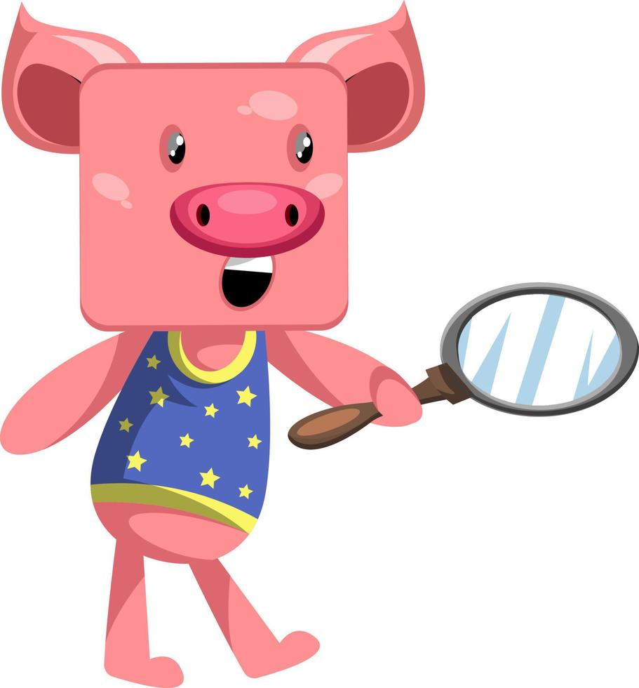 Pig with magnifier tool, illustration, vector on white background.