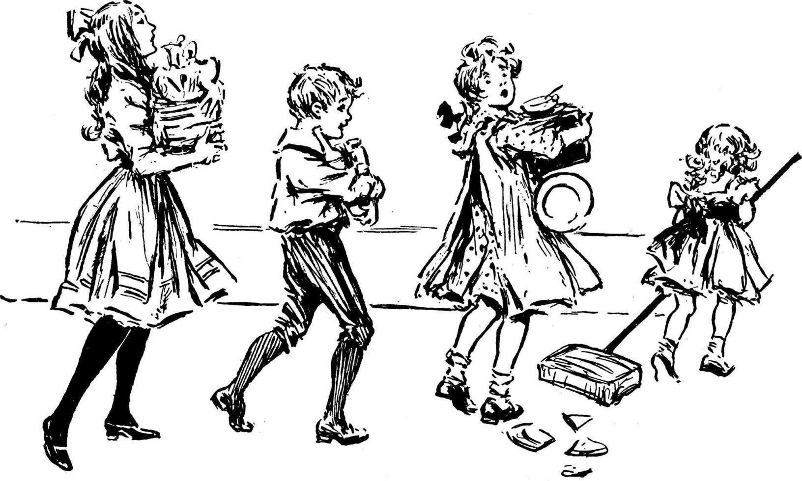Group Of Children Cleaning, vintage illustration. vector