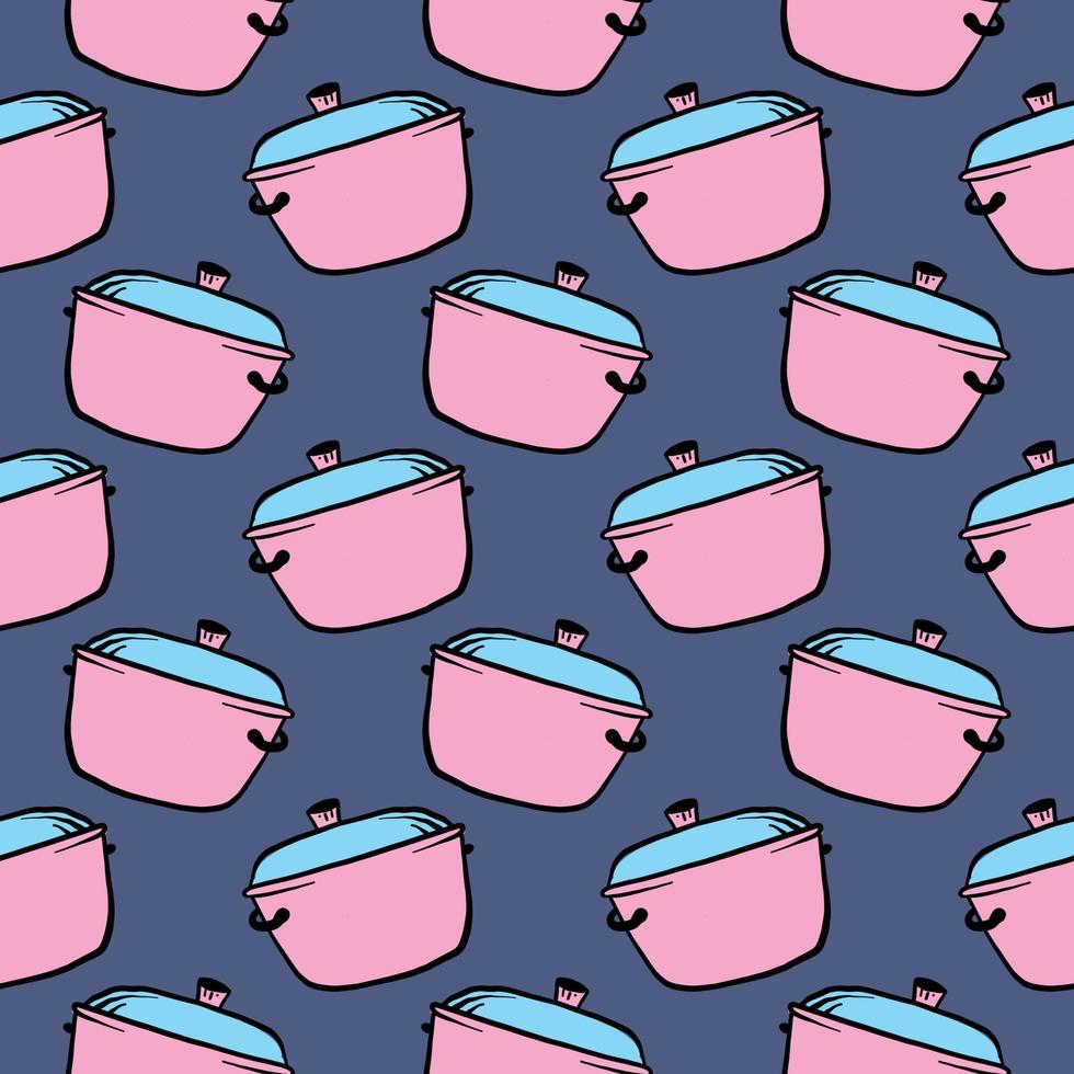 Light pink saucepan ,seamless pattern on dark blue background. vector