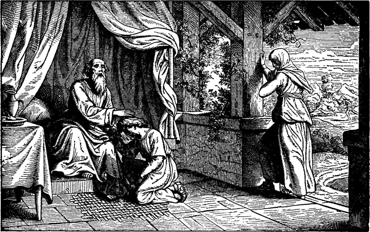 Isaac Deceives Jacob and Receives Esau's Blessing, vintage illustration vector