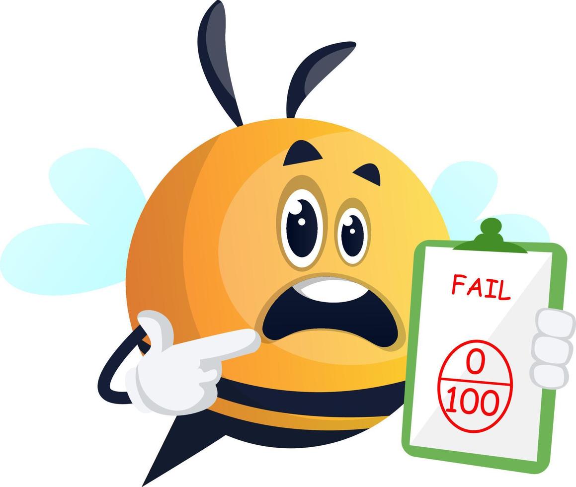 Bee failed the exam, illustration, vector on white background.