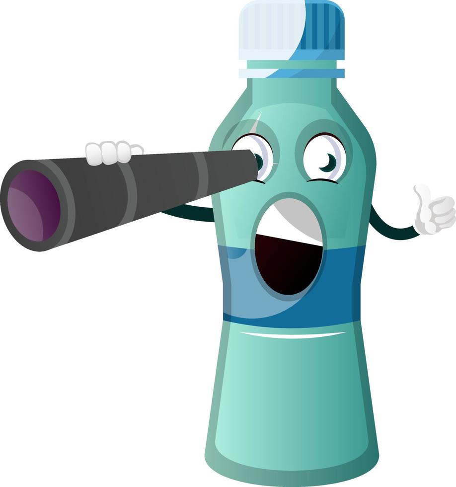 Bottle is holding binoculars, illustration, vector on white background.