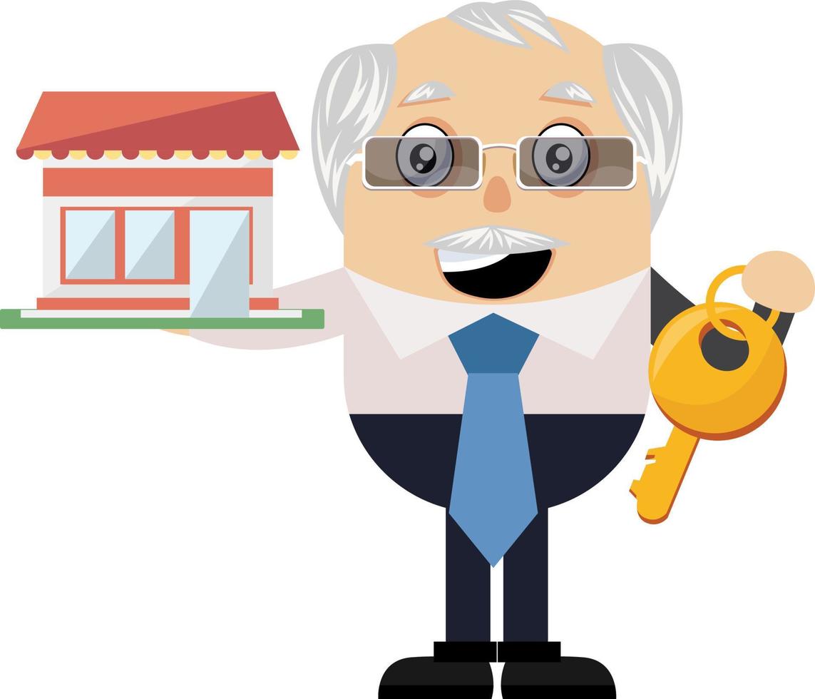 Old man with big key, illustration, vector on white background.