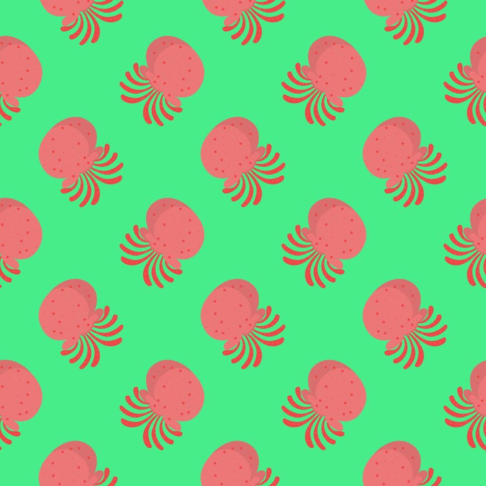 Red octopus , seamless pattern on a green background. vector