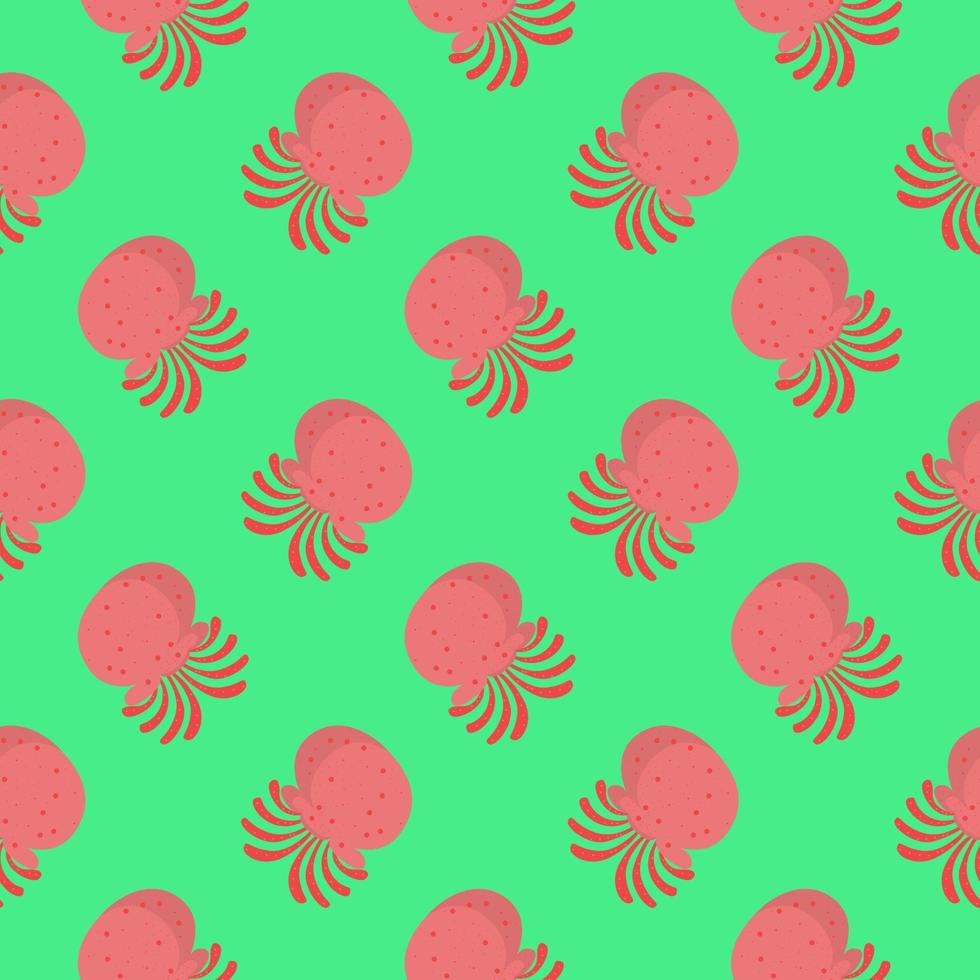 Red octopus , seamless pattern on a green background. vector