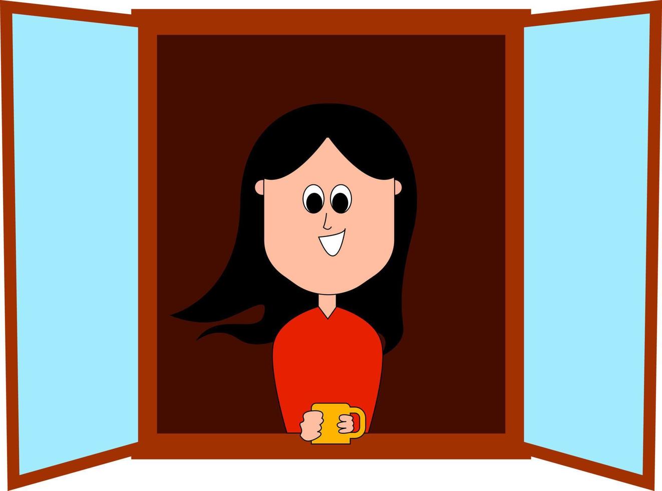 Girl drinking coffee on window, illustration, vector on white background.