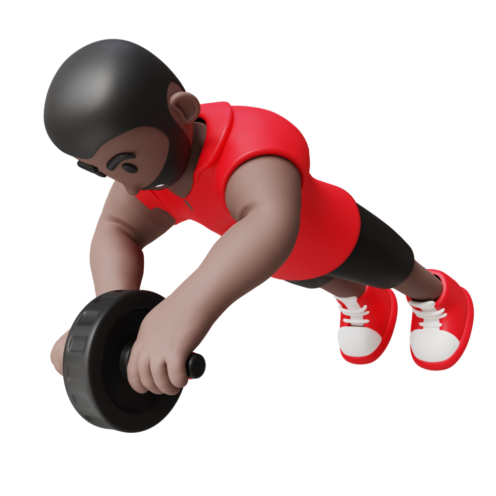 Ilustración 3d de un chico haciendo ejercicio con rueda de rodillos png