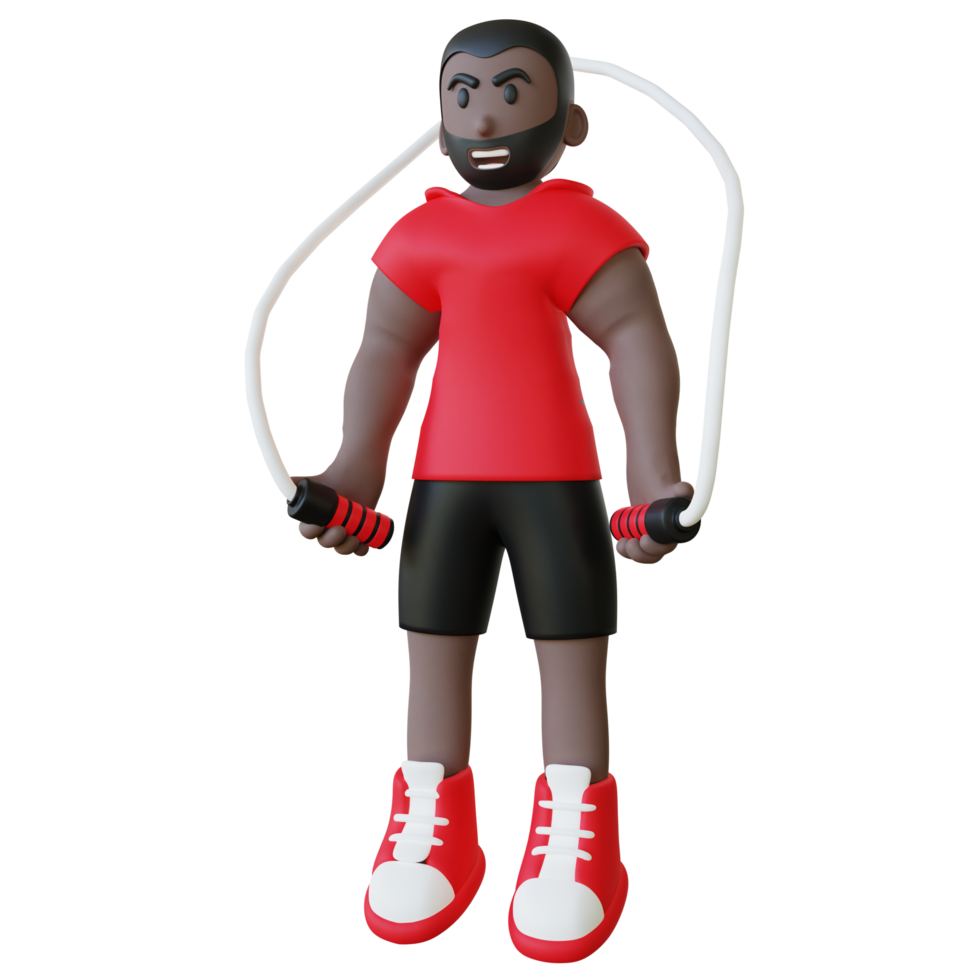 Illustration 3d d'un gars sur une chemise rouge faisant de l'exercice à la corde à sauter. png