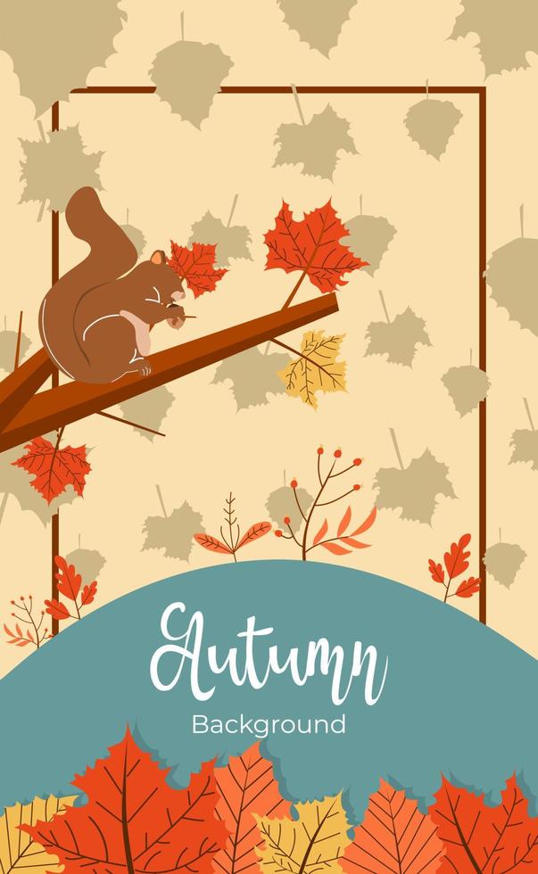 Autumn background flat design with eating squirrel vector