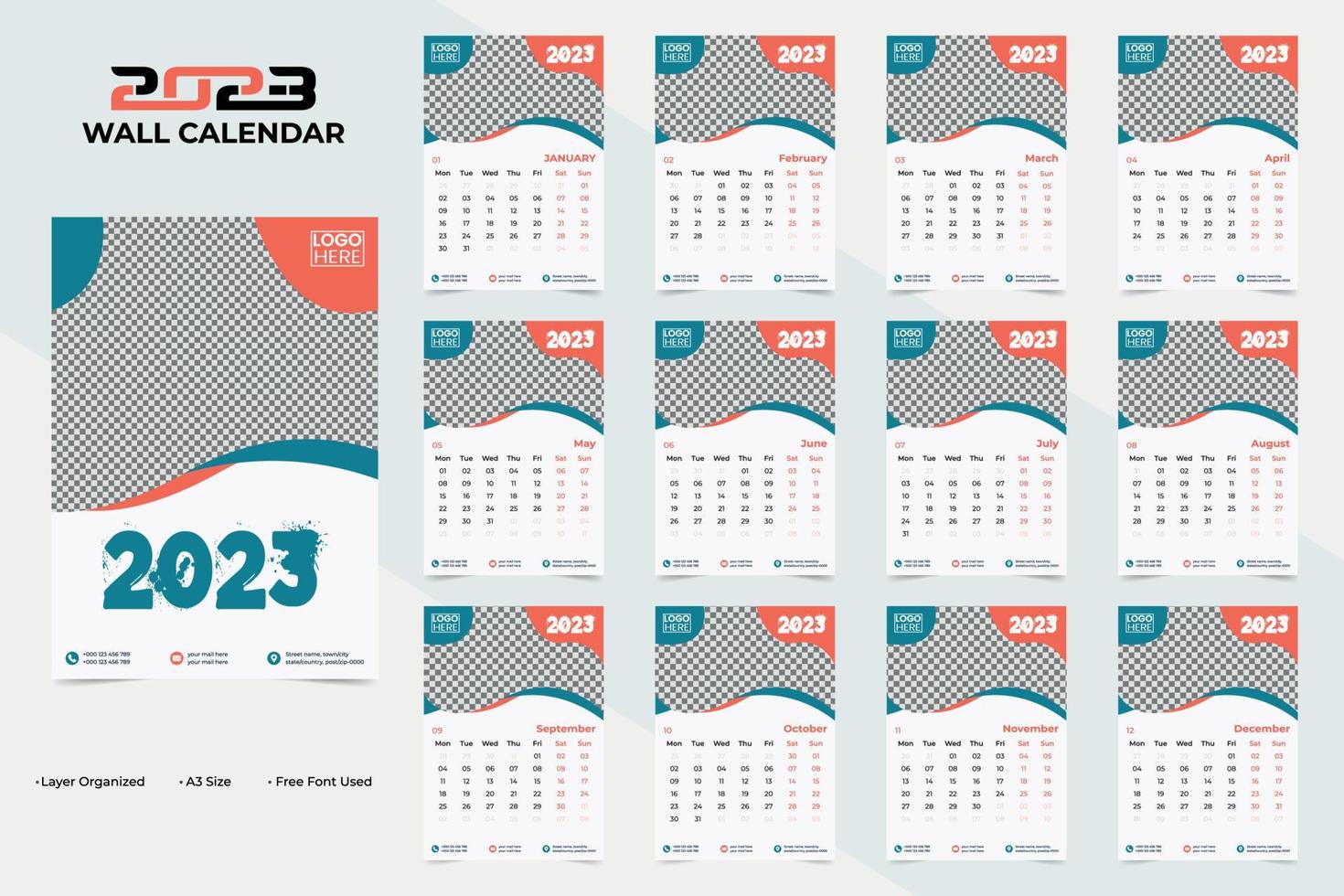 Modern and Stylish 2023 Wall Calendar Template Design vector