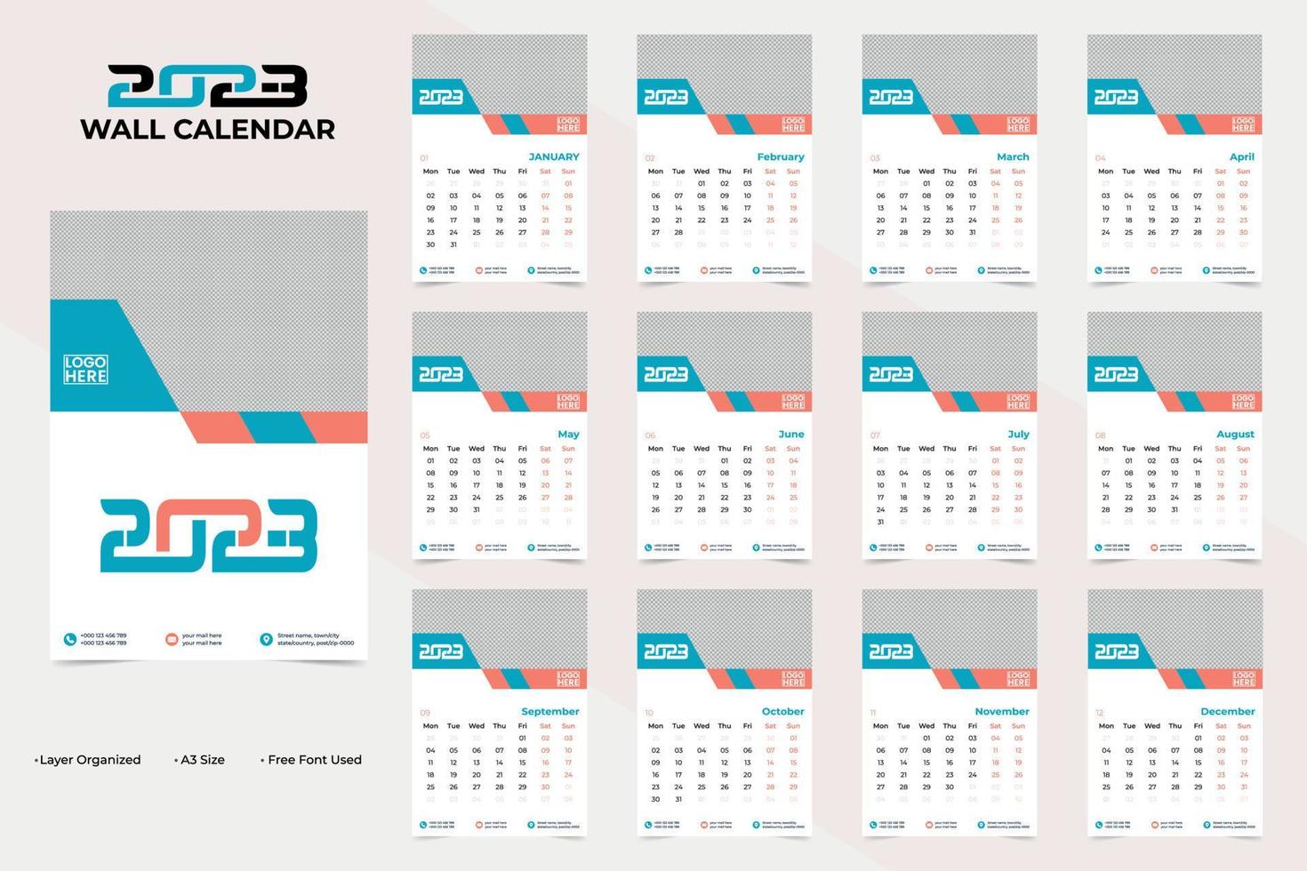 Simple and Colorful New Year 2023 Wall Calendar Template Design vector