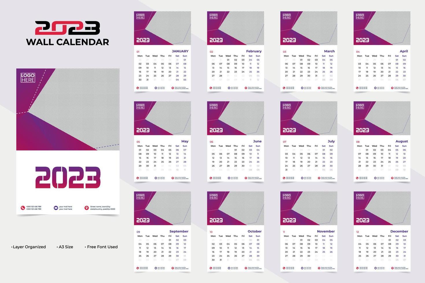 Modern and Abstract Wall New Year 2023 Calendar Template Design vector