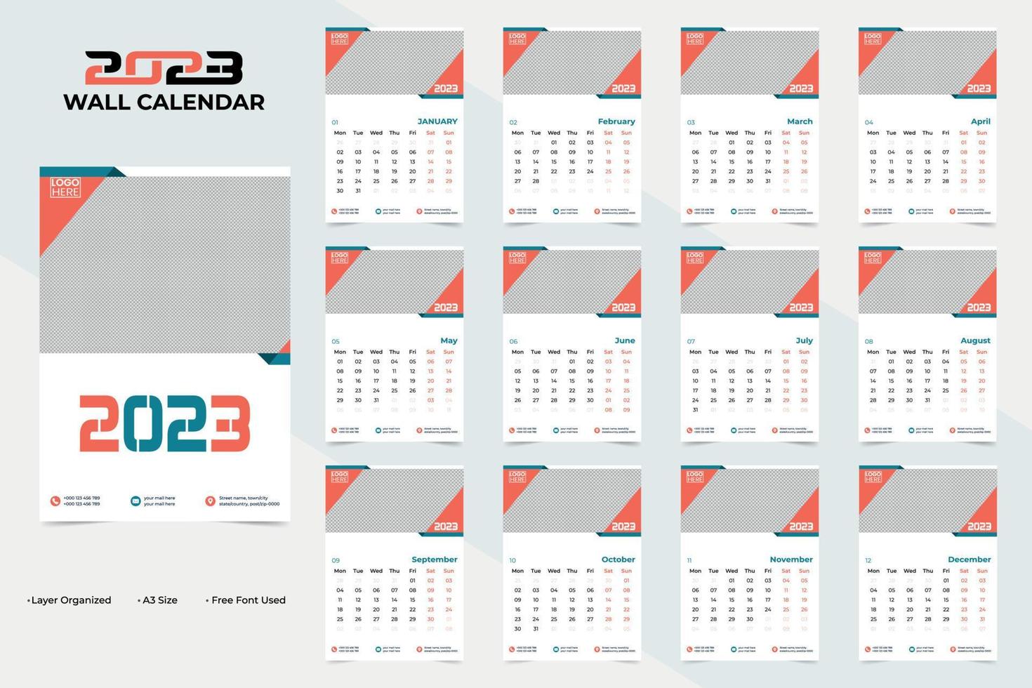 Creative and Simple 2023 Happy New Year WallCalendar Template Design vector