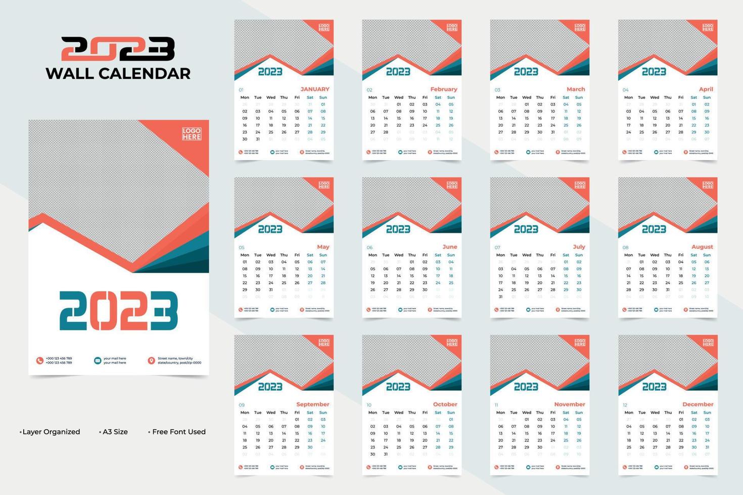 Abstract and Creative Wall New Year 2023 Calendar Template Design vector