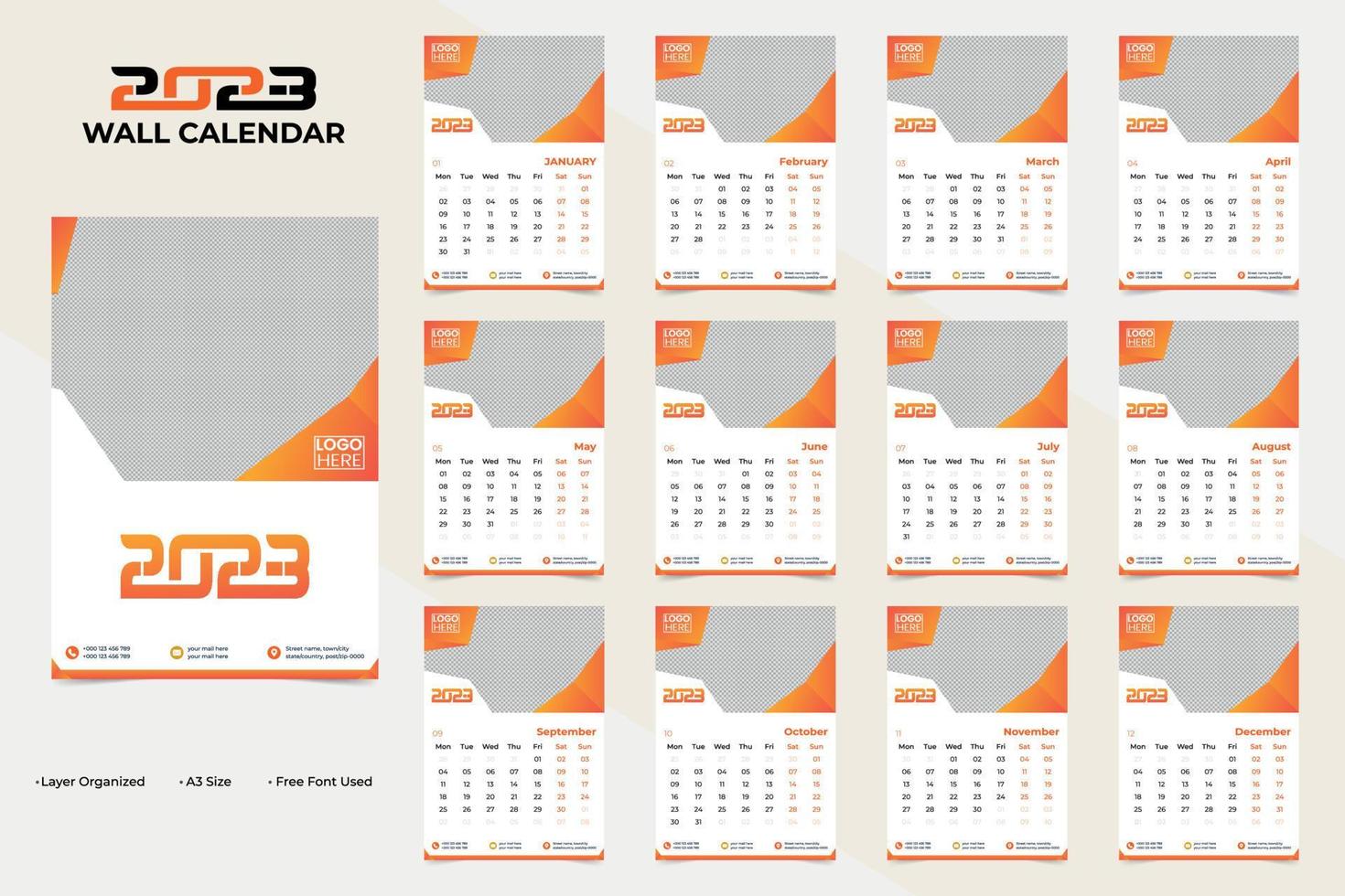 Modern and Stylish 2023 Wall Calendar Template Design vector