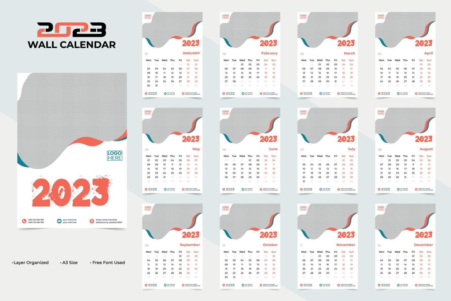 Unique and Colorful New Year 2023 Wall Calendar Template Design vector