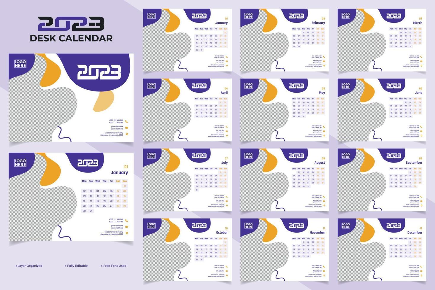 diseño de plantilla de calendario de escritorio 2023 colorido abstracto moderno vector