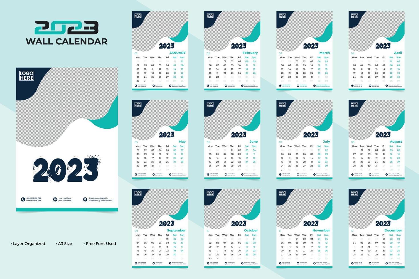 Modern and abstract 2023 wall calendar template design vector