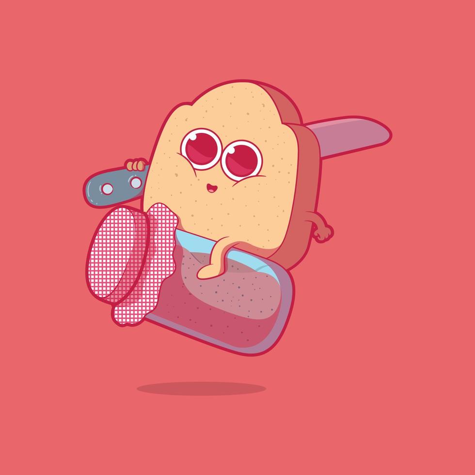 rebanada de pan personaje montando una ilustración de vector de tarro de gelatina. comida, concepto de diseño divertido.