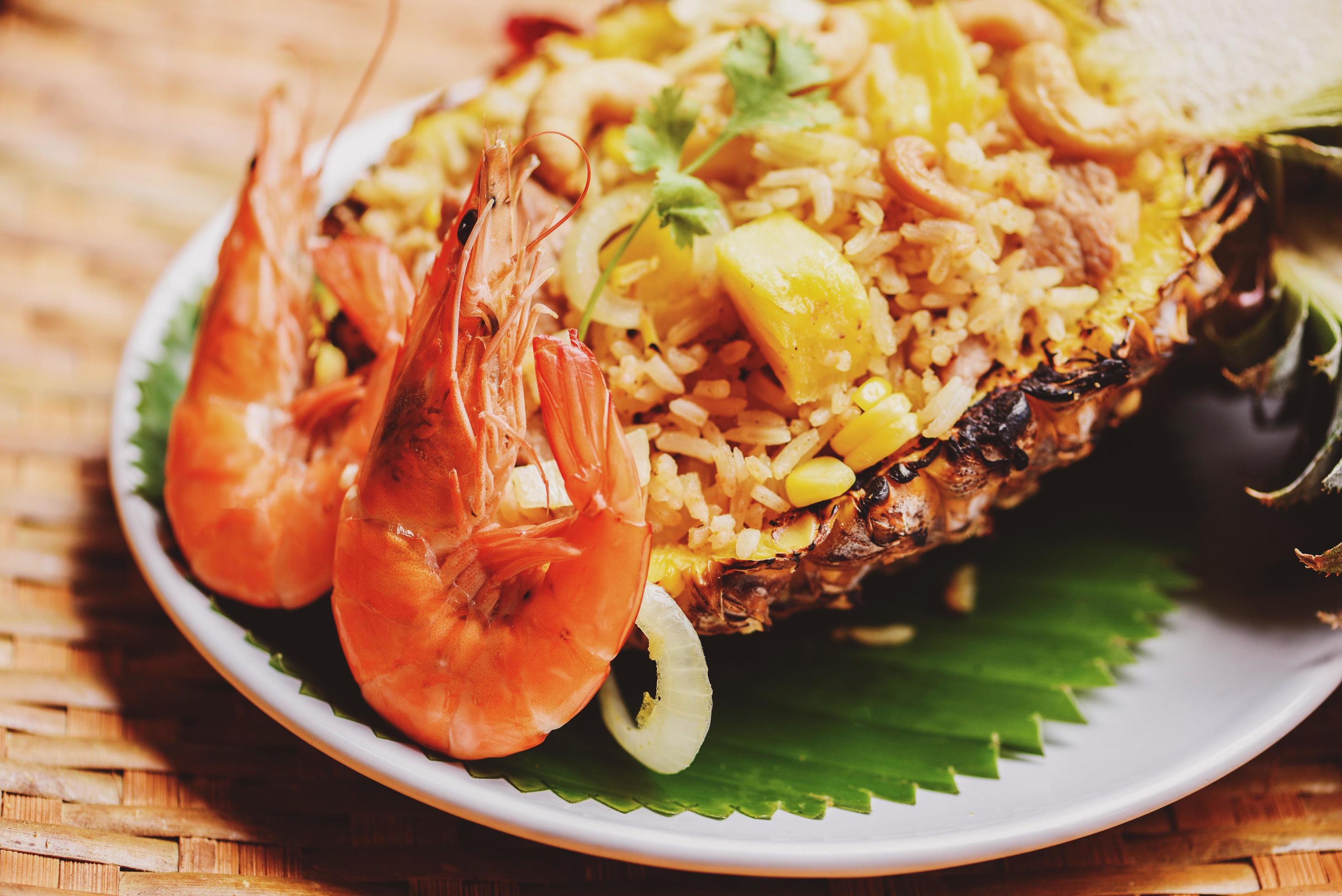delicious menu shrimps prawns cooked fried rice shrimp and fruits