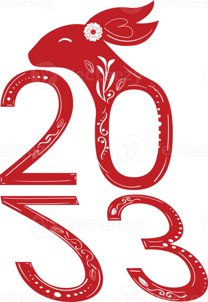 Chinese 2023 New Year Zodiac Red Rabbit with White Floral Ornament png