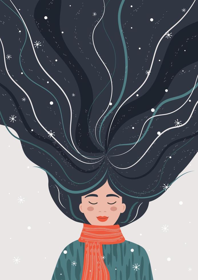 ilustración de año nuevo de invierno con una linda chica en un jersey con bufanda. diseño vectorial para postal, afiche, volante, web vector