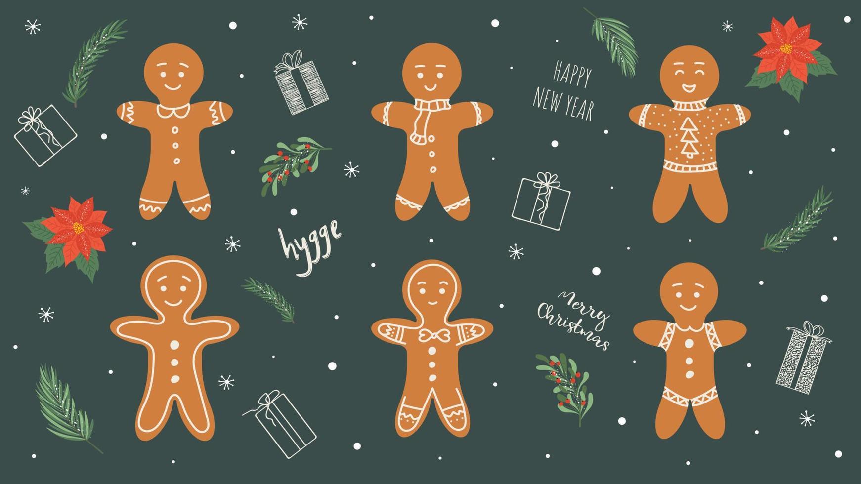 Set of different gingerbread men for New Year with design elements for postcards. Vector