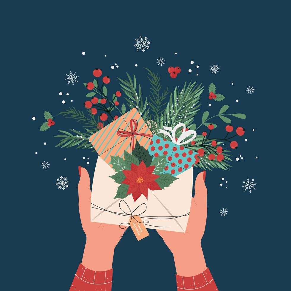 Christmas card with New Year illustration of a girl holding an envelope with presents, Christmas tree branches, poinsettias, red berries. Vector