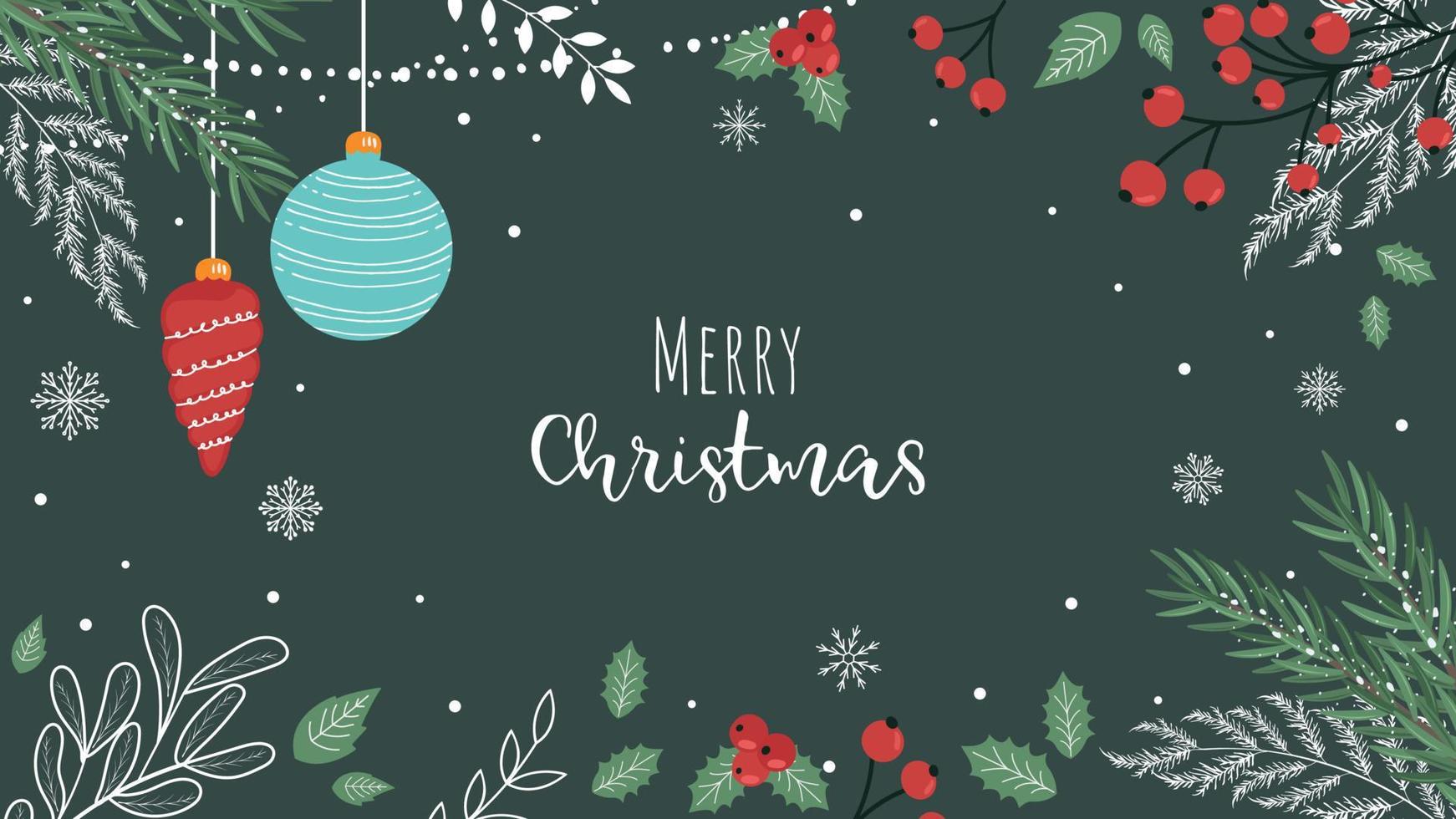 New Year's horizontal background with Christmas branches, leaves, red berries. Vector